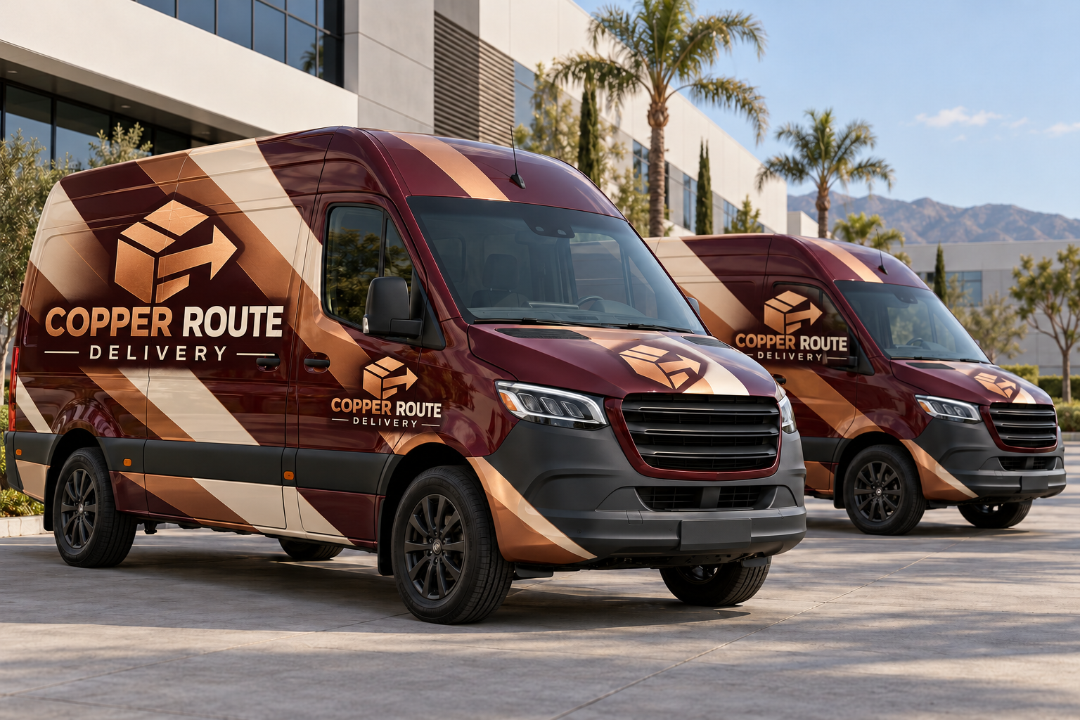 Delivery van fleet with coordinated custom vinyl wrap concept designs