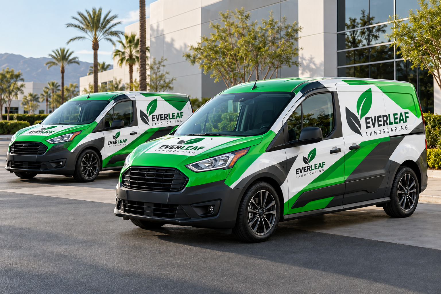 Cargo van fleet with coordinated custom vinyl wrap concept designs