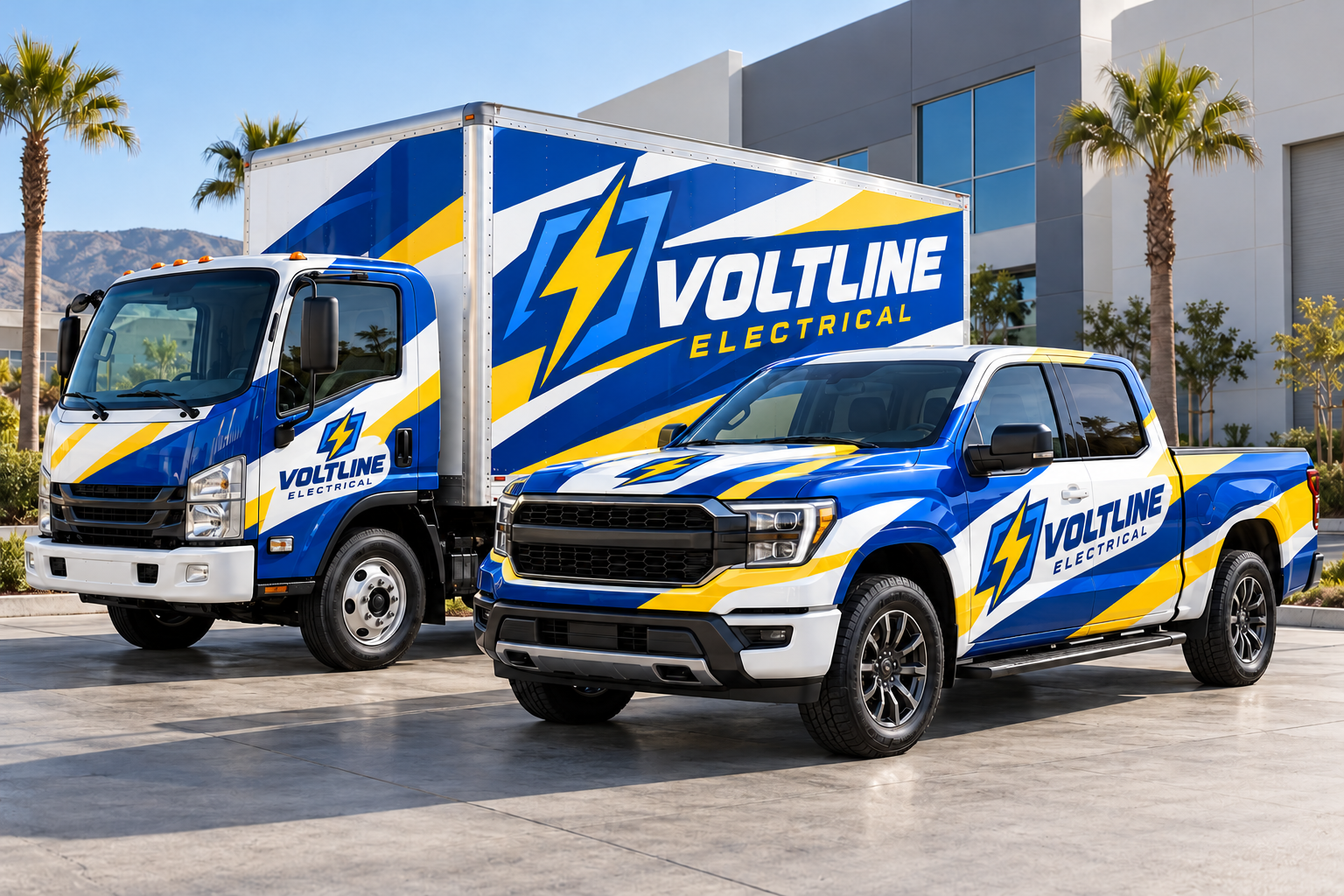 Service trucks & pickups with coordinated custom vinyl wrap concept designs