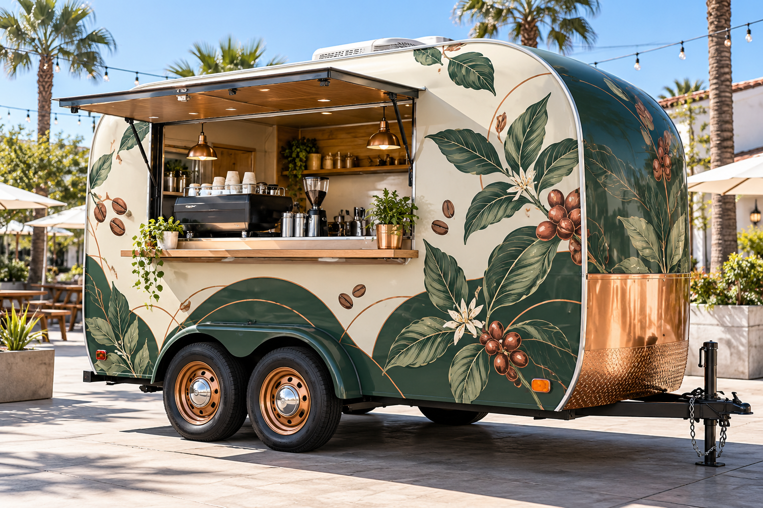 Mobile coffee trailer with a custom illustrative vinyl wrap