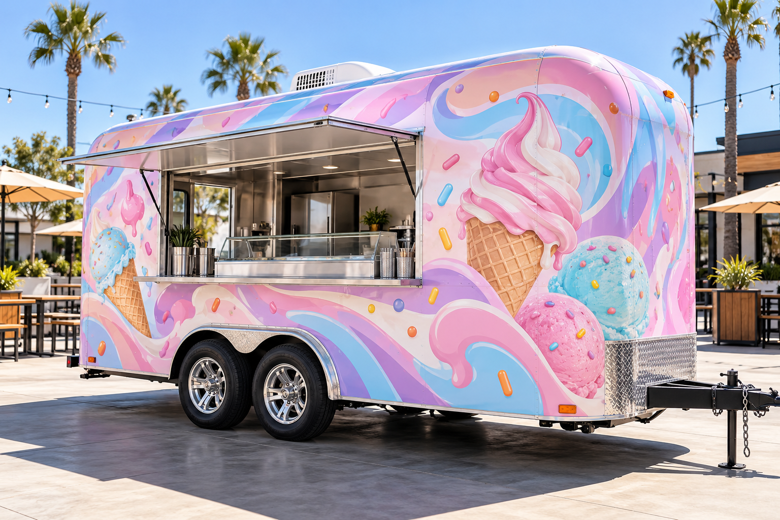 Dessert trailer with a custom illustrative vinyl wrap