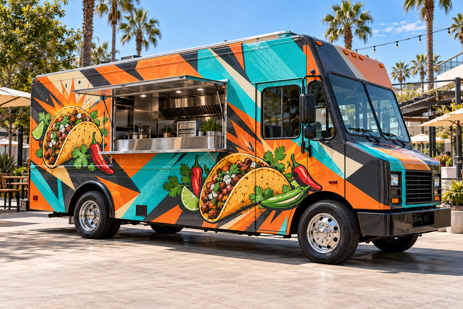 Taco truck with a custom illustrative vinyl wrap