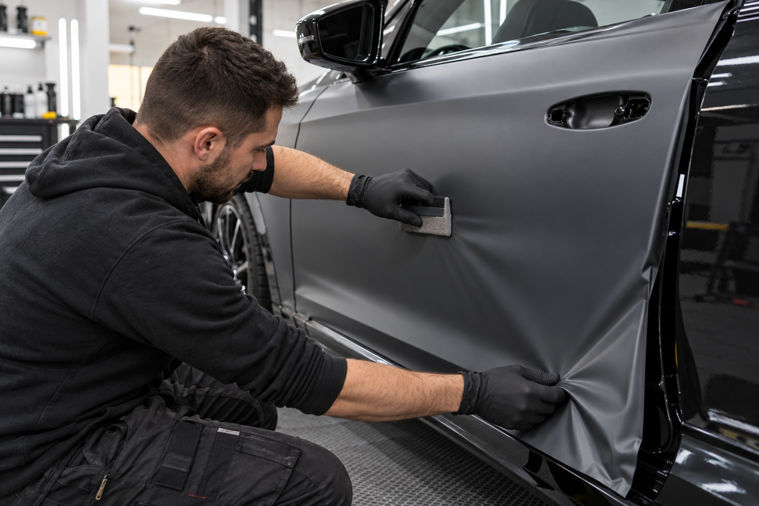 Smoothing the panels during an illustrative vehicle vinyl wrap installation