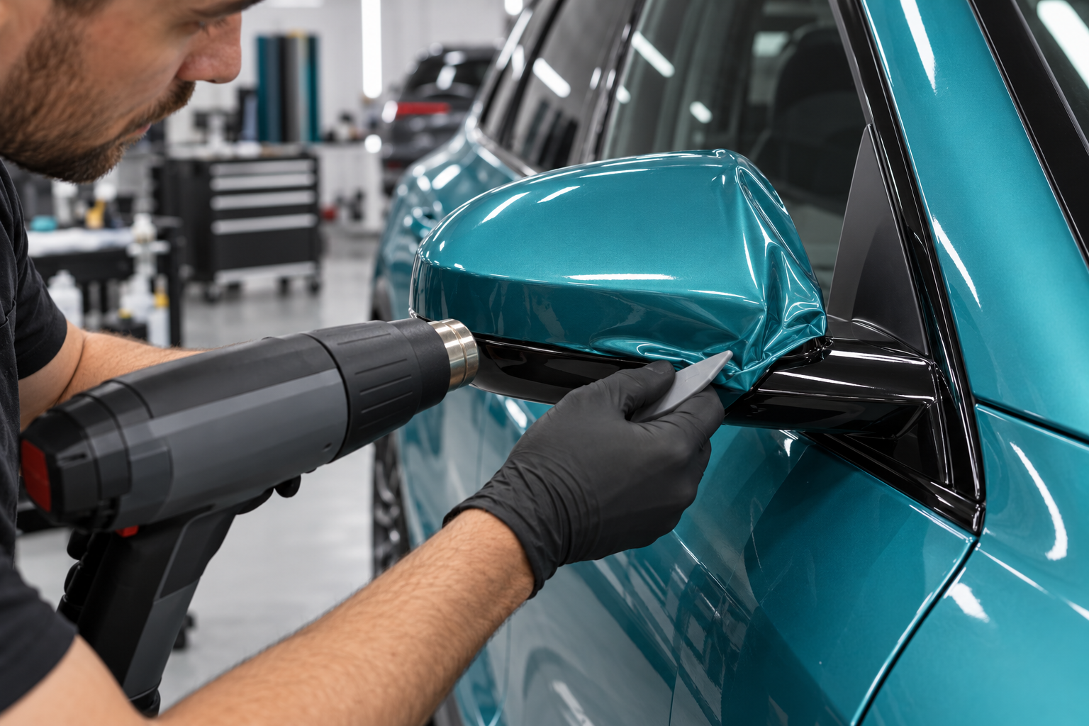 Finishing the details during an illustrative vehicle vinyl wrap installation