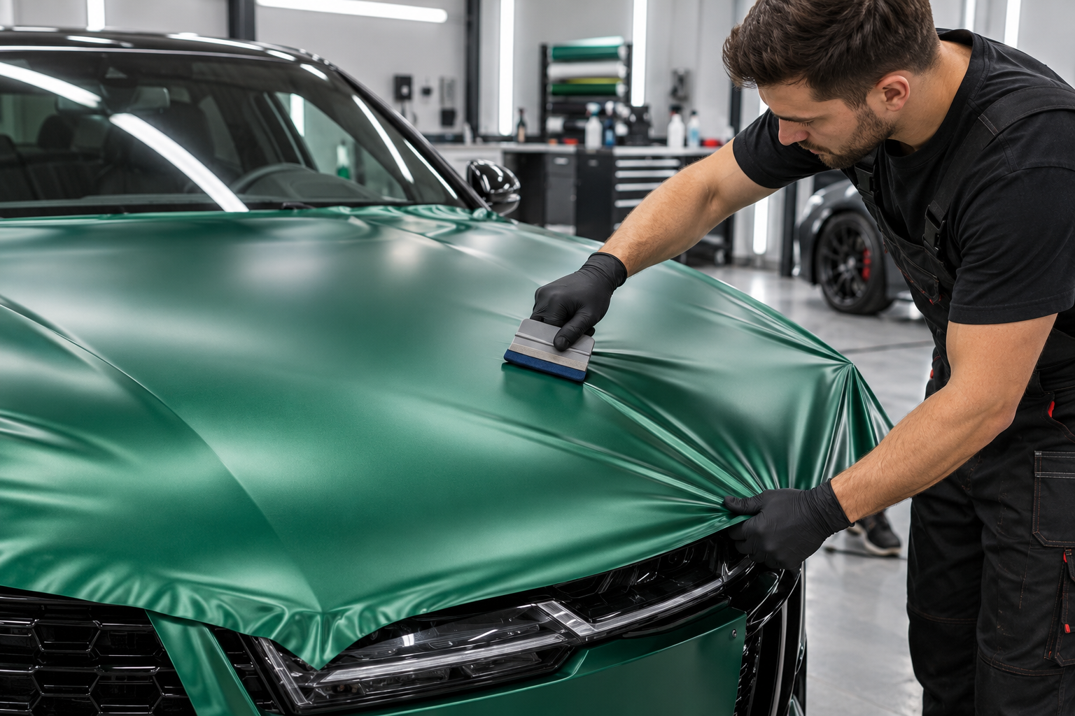 Hood application during an illustrative vehicle vinyl wrap installation