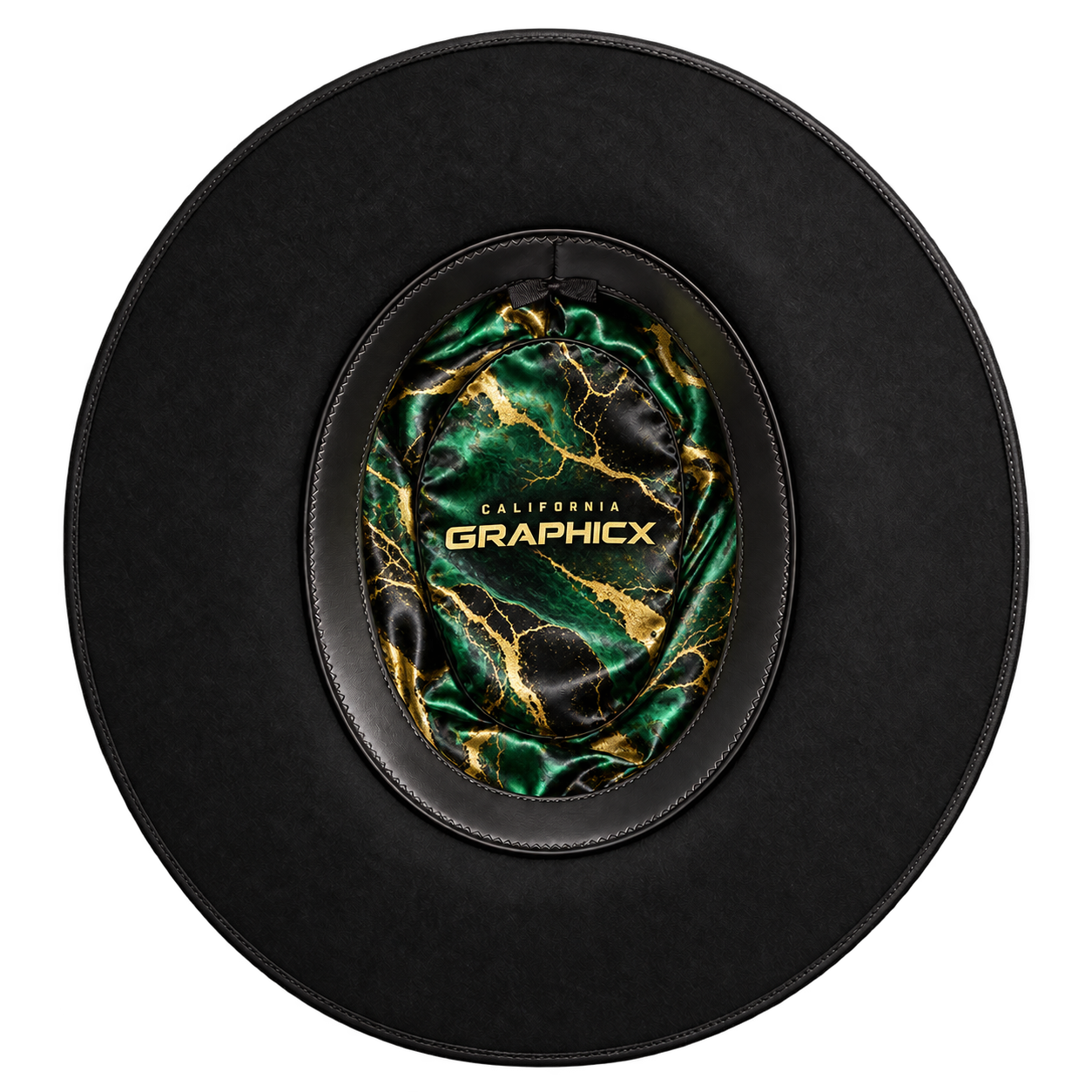 Custom satin hat liner with emerald marble artwork