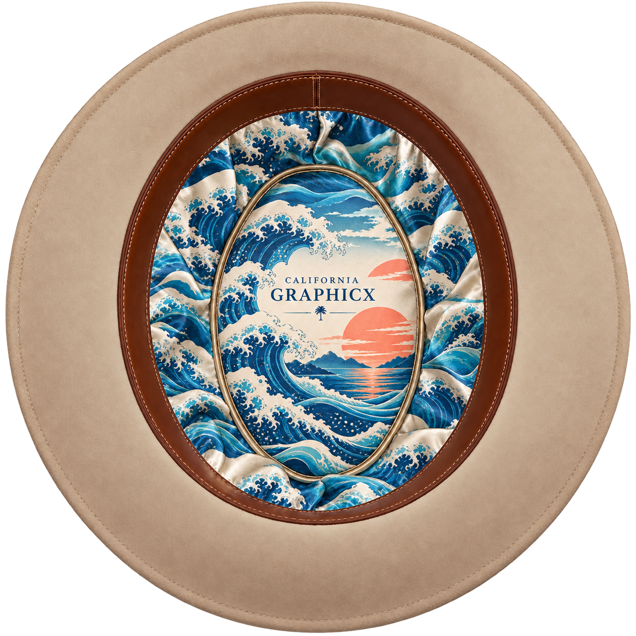 Custom satin hat liner with ocean waves artwork