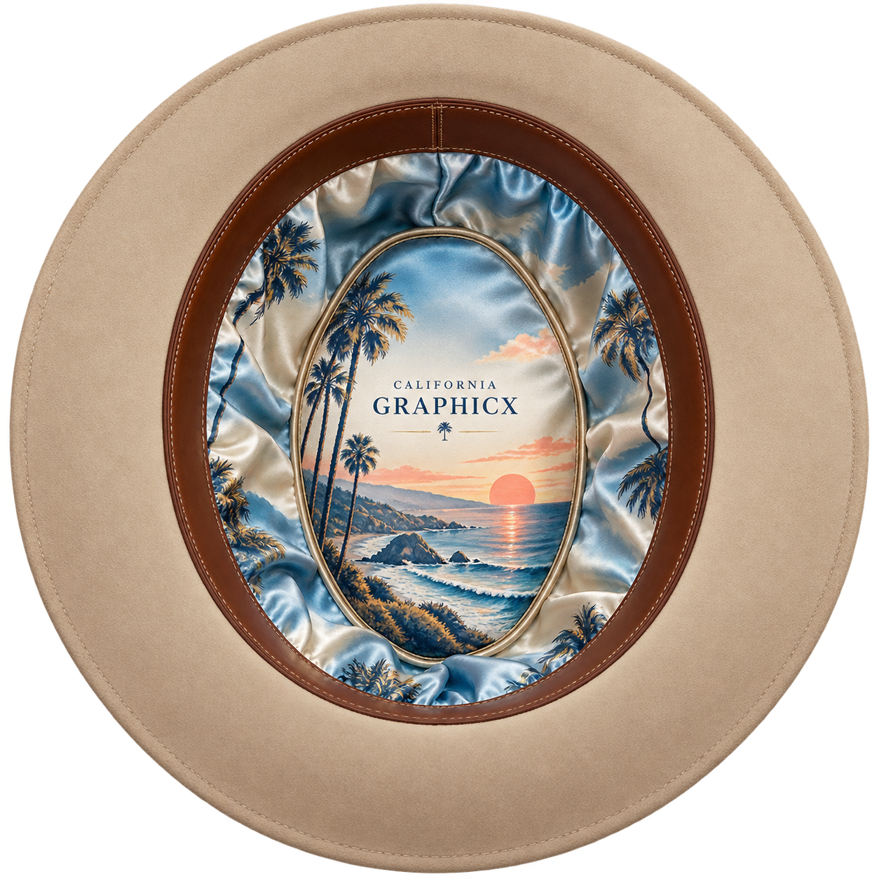 California Graphicx custom satin hat liner with california coast artwork