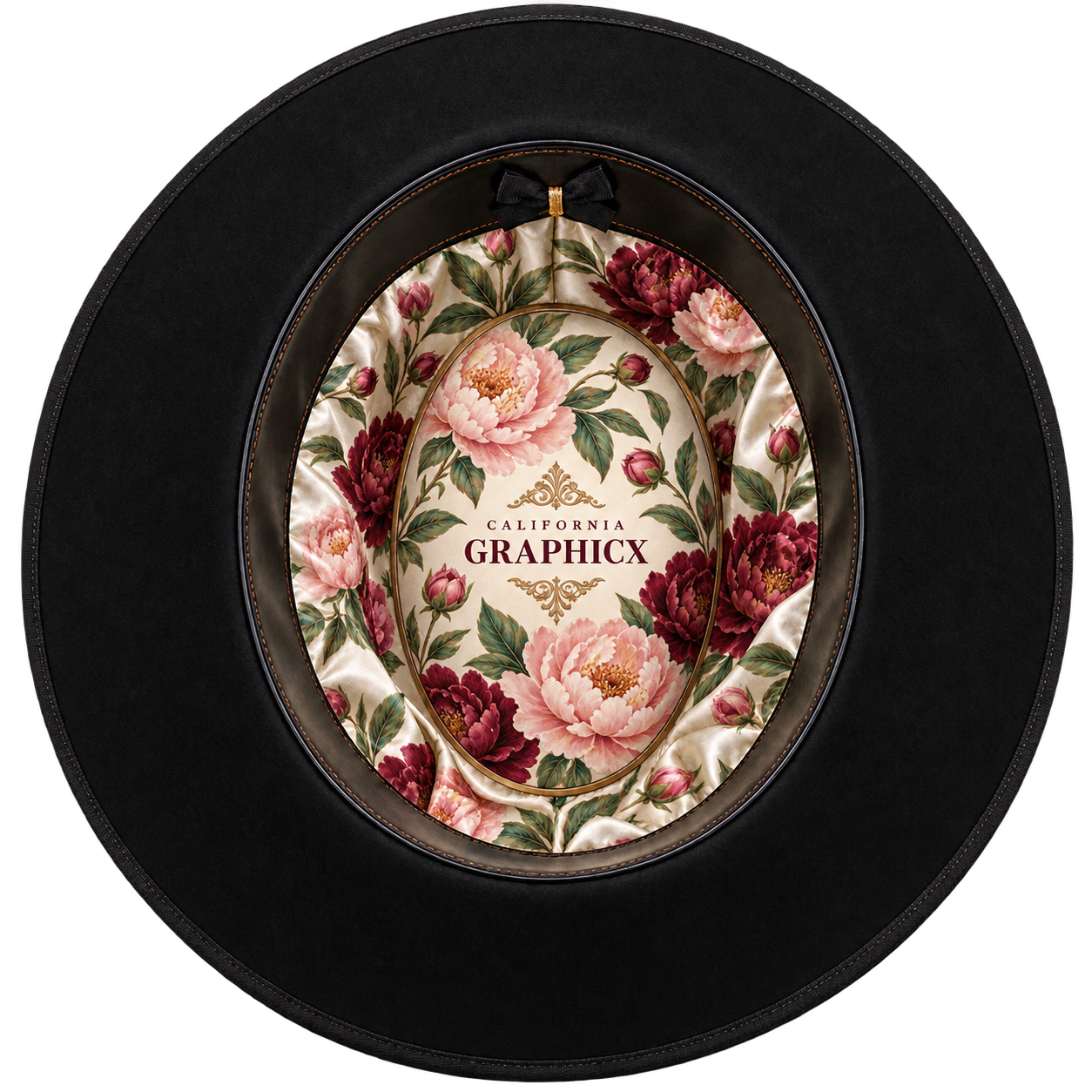 Custom satin hat liner with peony garden artwork
