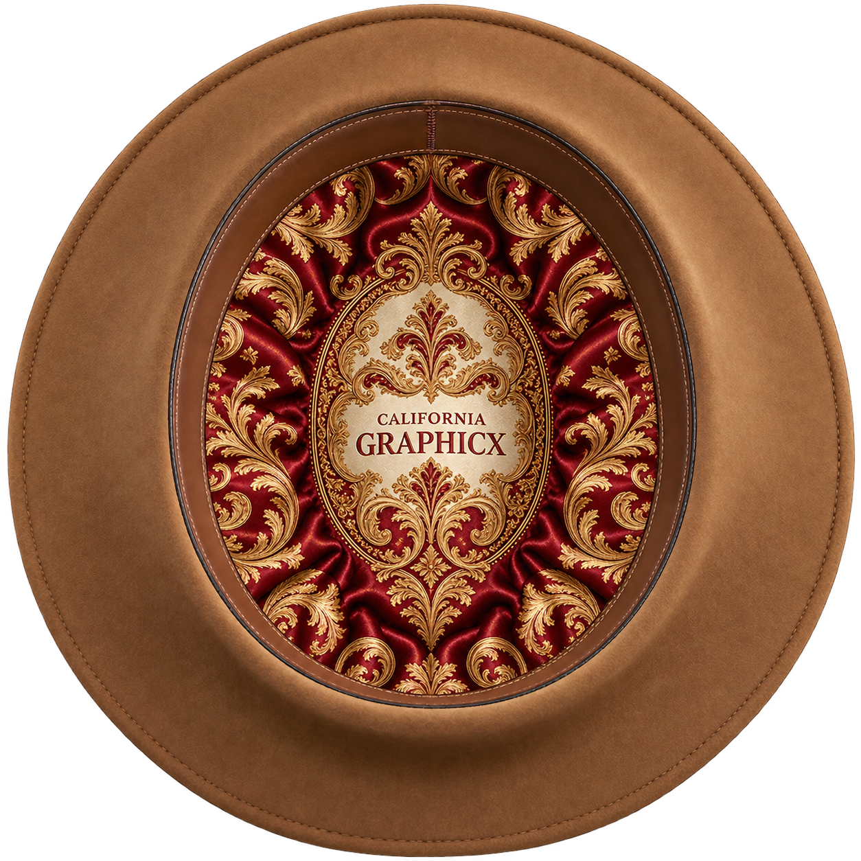 Custom satin hat liner with crimson baroque artwork