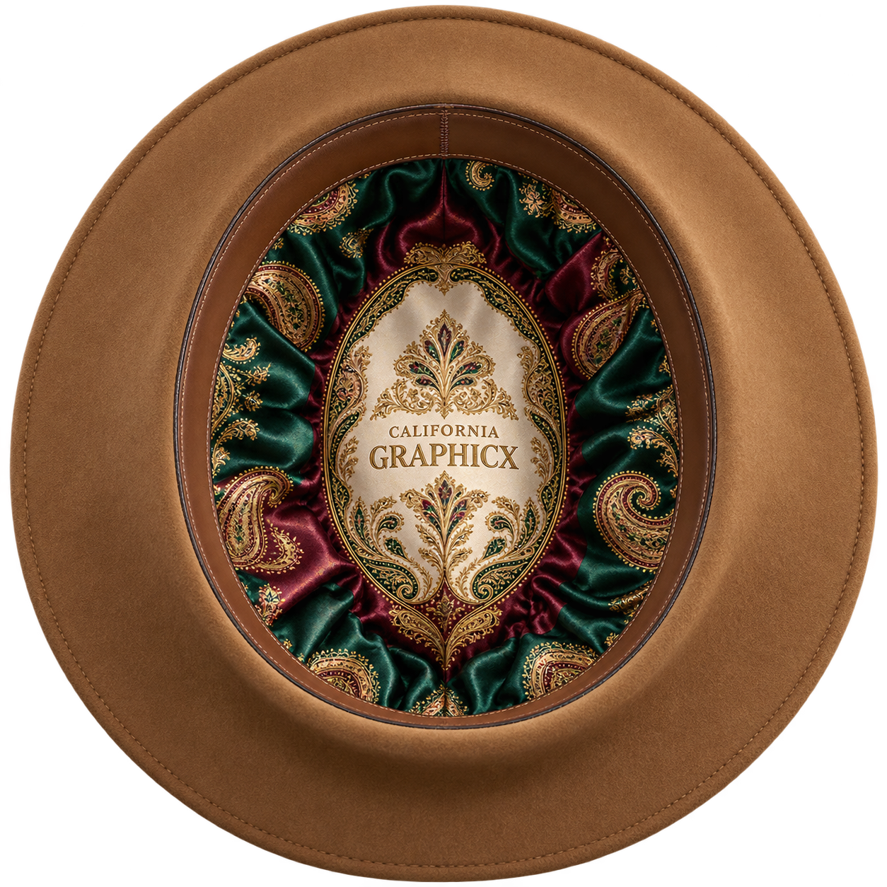 California Graphicx custom satin hat liner with heritage paisley artwork
