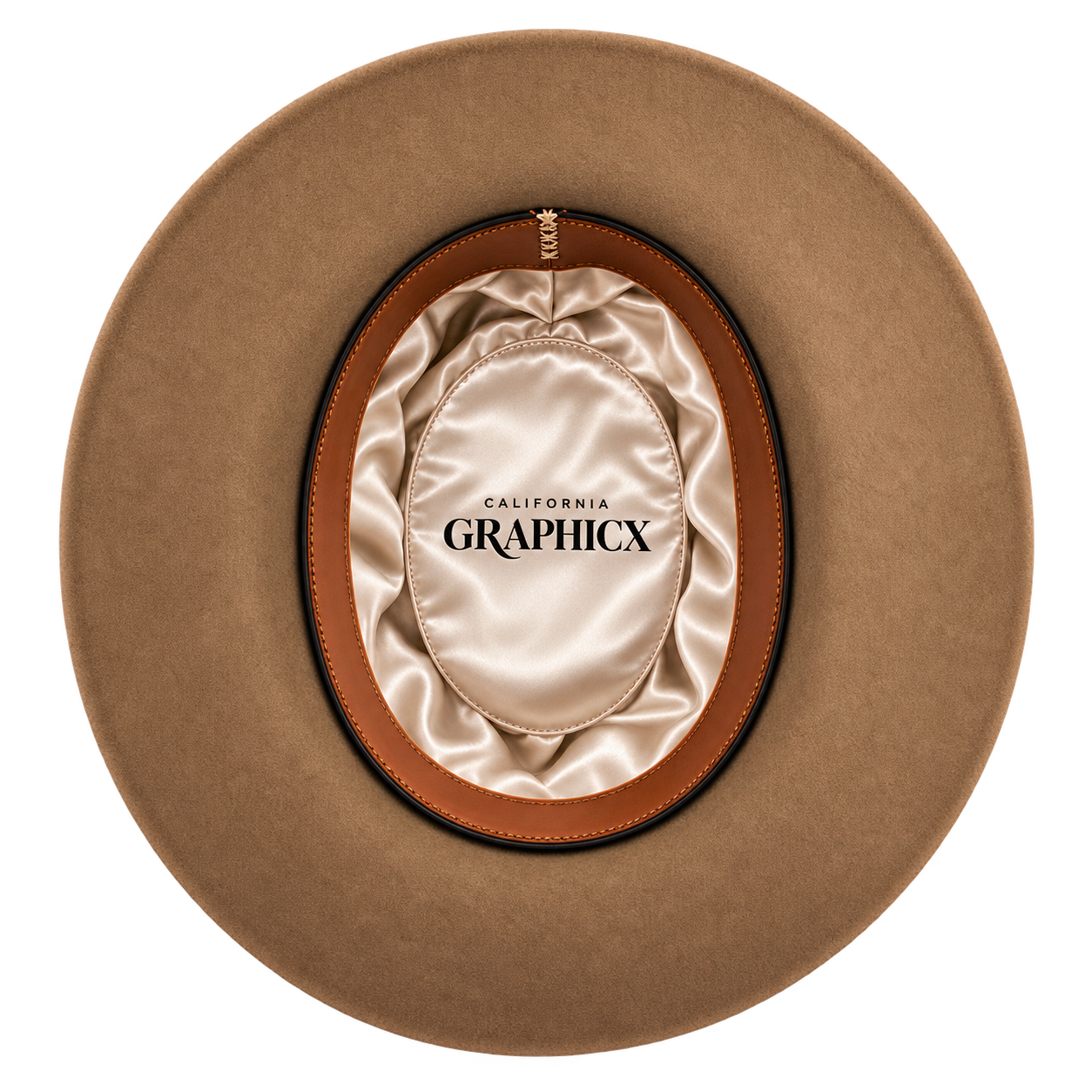 Ivory satin liner with California Graphicx branding inside a tan felt hat