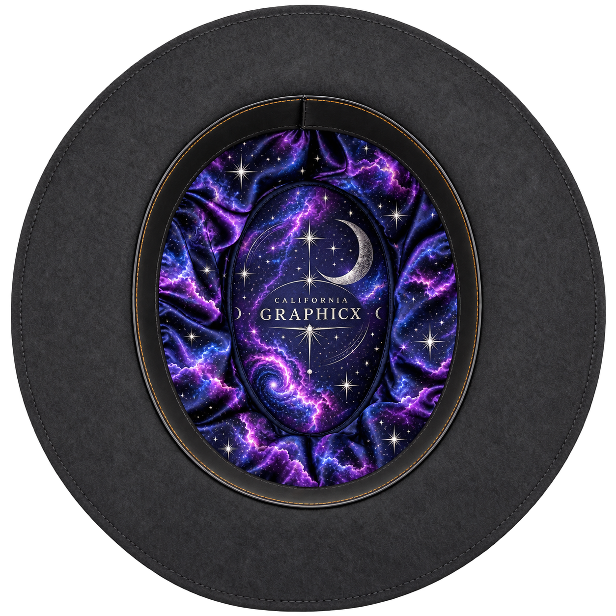 Custom satin hat liner with cosmic violet artwork