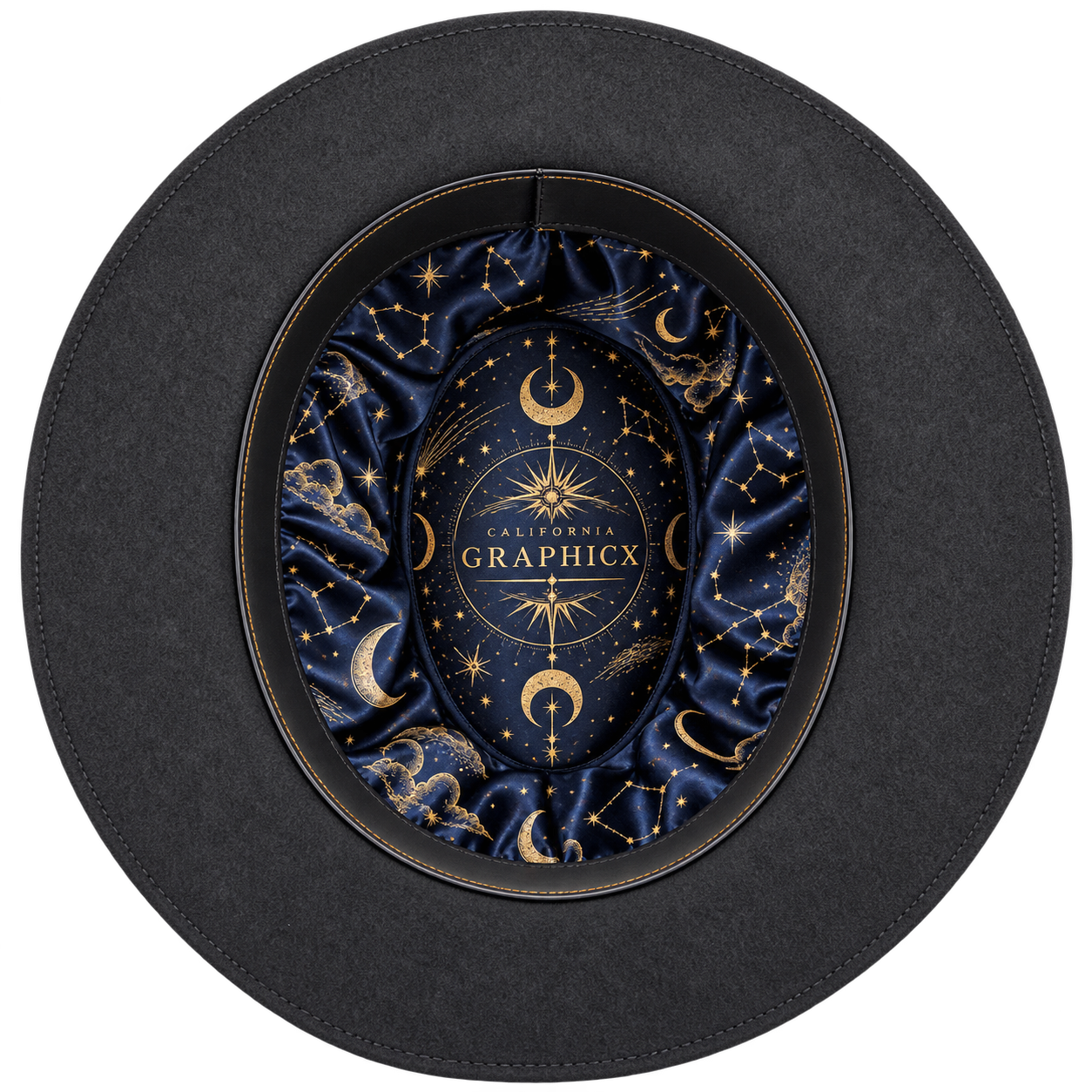 California Graphicx custom satin hat liner with midnight celestial artwork