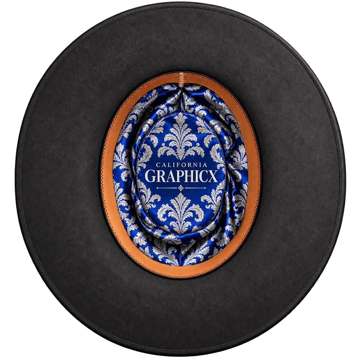 Custom satin hat liner with royal blue damask artwork