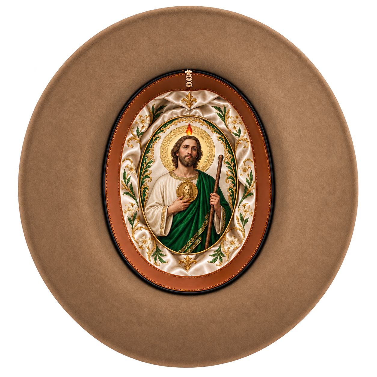 Ivory satin hat liner with Saint Jude in an emerald green robe and gold devotional details