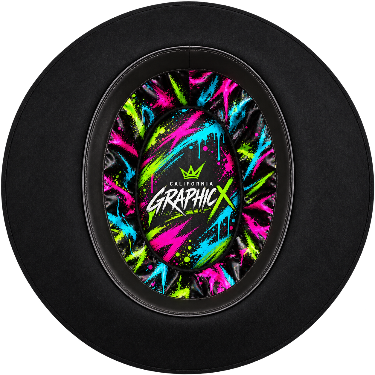 Custom satin hat liner with neon graffiti artwork