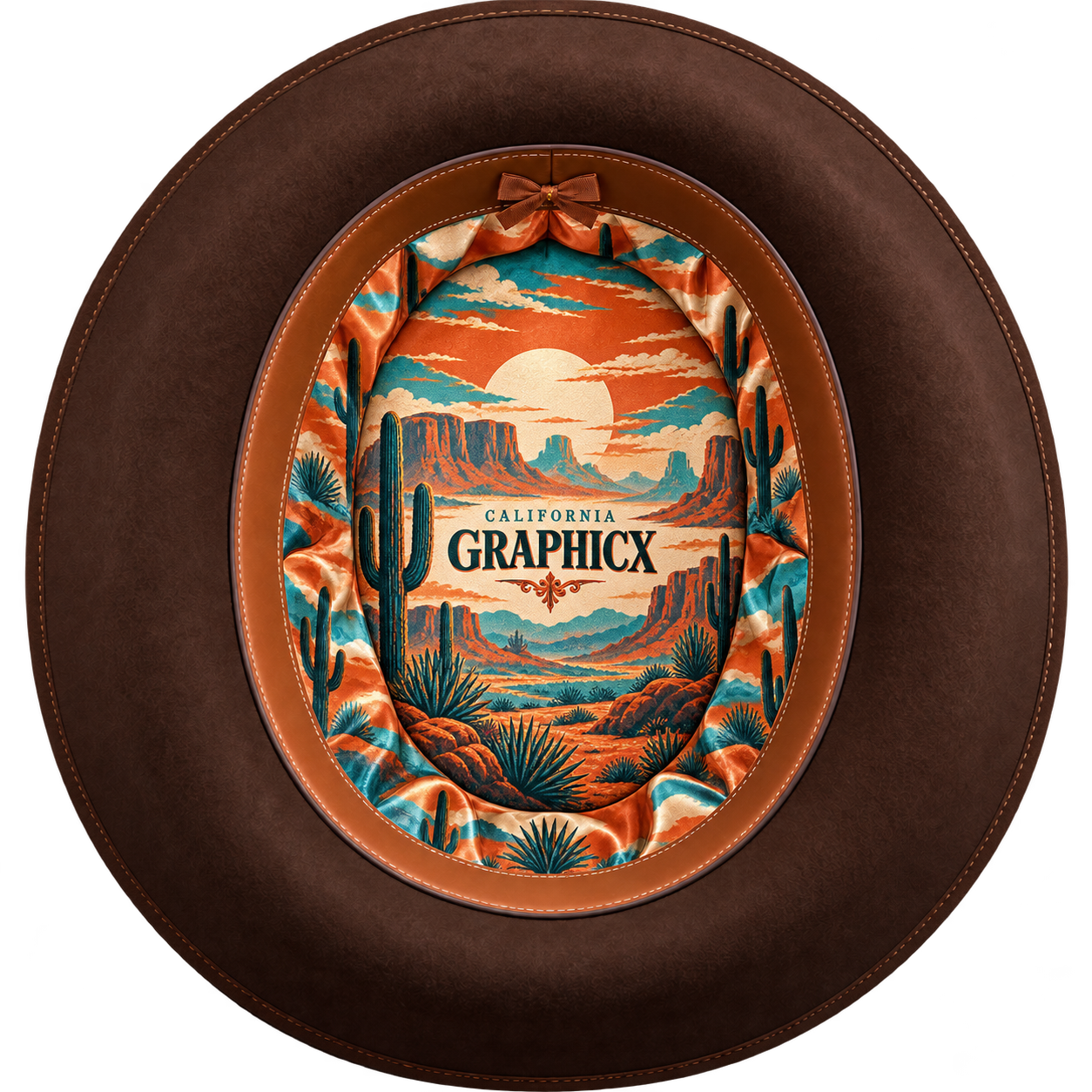 Custom satin hat liner with desert sunset artwork