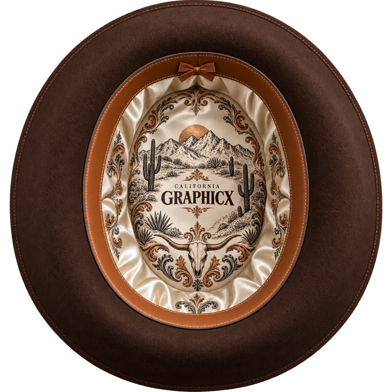 California Graphicx custom satin hat liner with western engraving artwork
