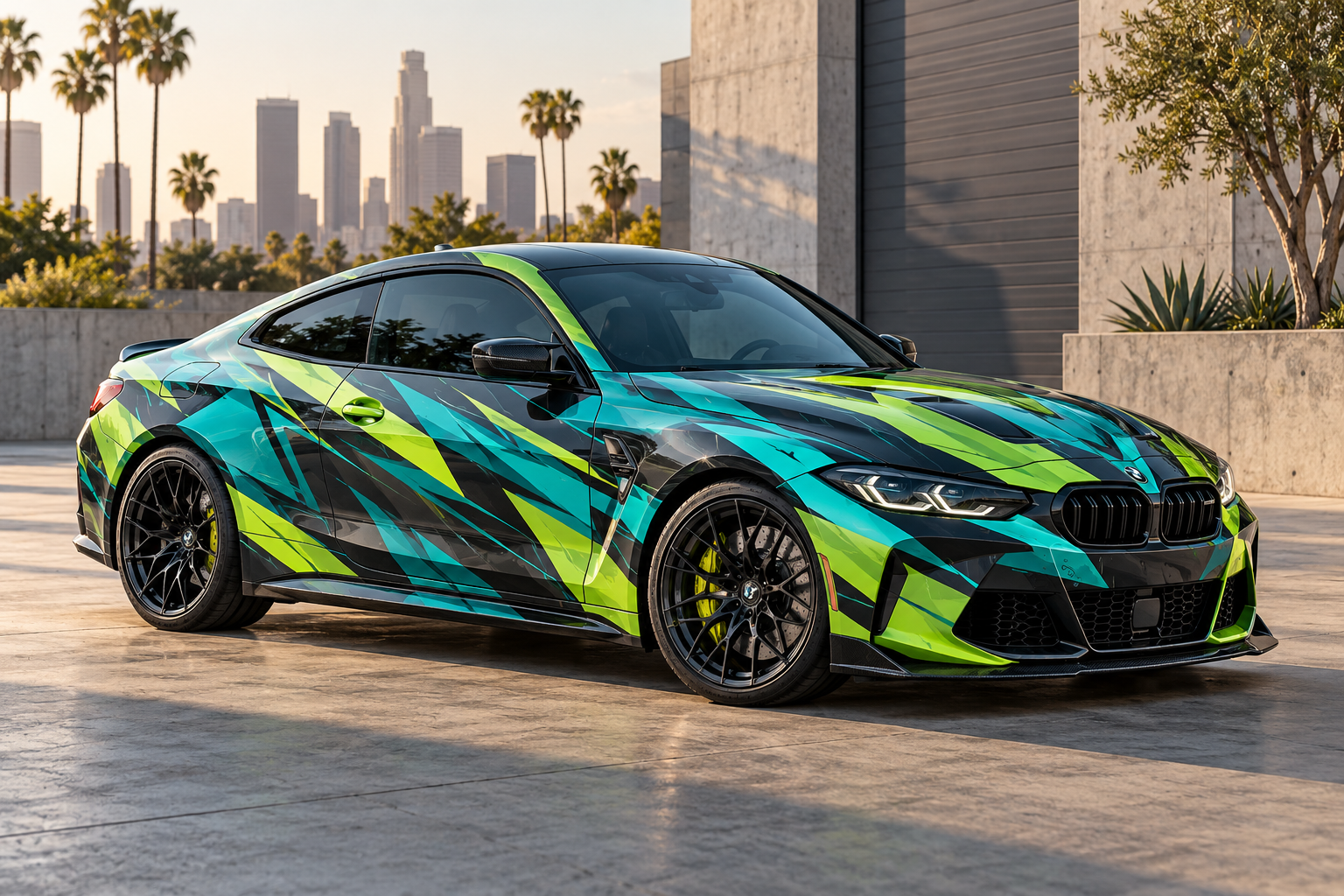 Illustrative sporty coupe with a teal, neon lime, and charcoal full vinyl wrap