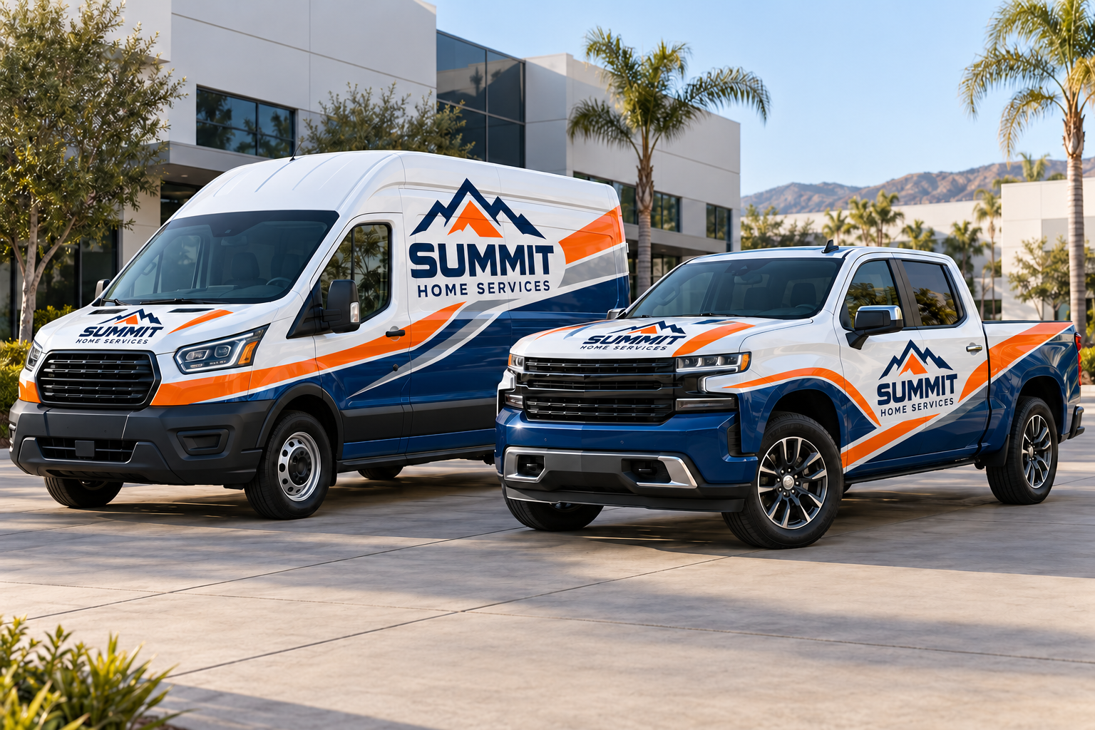 Illustrative cargo van and pickup truck with matching navy blue, orange, and silver fleet wraps