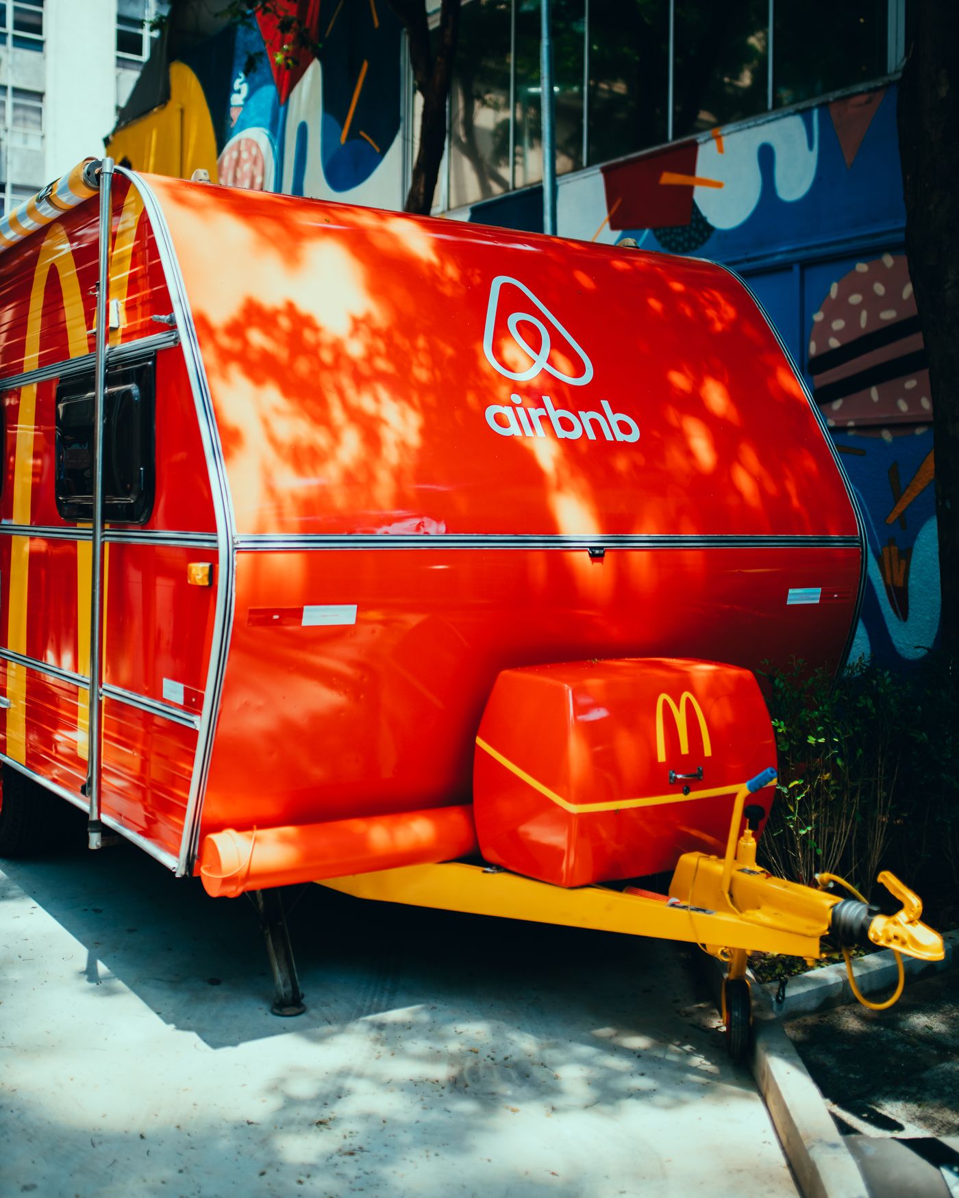 Red food trailer with commercial branding